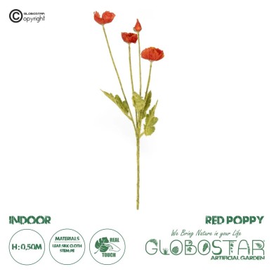 GloboStar® Artificial Garden RED POPPY BRANCH 21333 Τεχνητό Διακοσμητικό Κλαδί Παπαρούνα Κόκκινη Y50cm